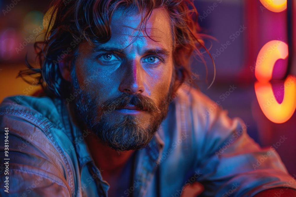 Portrait of thoughtful man with neon lights in background Portrait of thoughtful man with neon lights in background