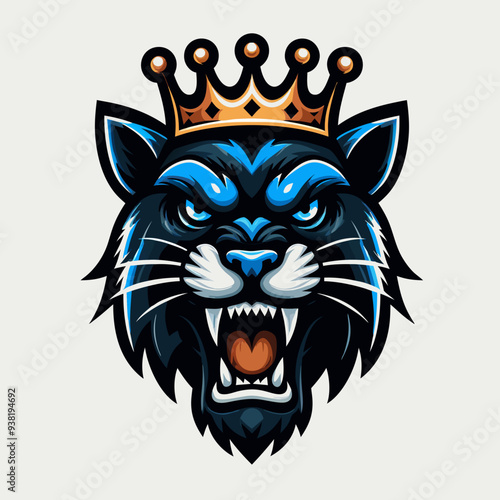 Blue Panther King with Crown Vector Illustration - Fierce Animal Mascot Logo Design , Royal Panther with Crown Graphic - Aggressive Blue Cat Emblem for Sports and Esports