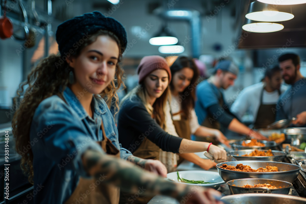 Young Adults Cooking Together in a Commercial Kitchen with Focus on Teamwork and Culinary Skills Young Adults Cooking Together in a Commercial Kitchen with Focus on Teamwork and Culinary Skills