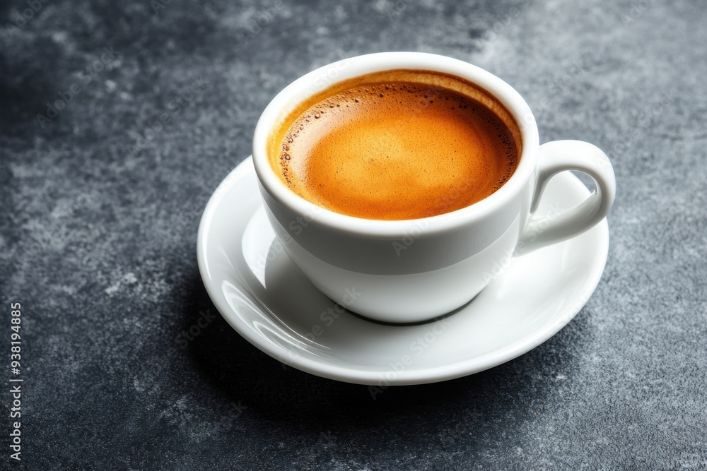 Morning espresso in white cup on dark background Morning espresso in white cup on dark background