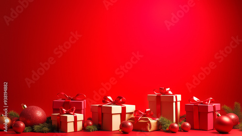 Wallpaper Mural A Christmas scene with presents surrounded by decorations on a red background. Copy space, space for text. Advertising style. Front view. Wallpaper, banner.	 Torontodigital.ca