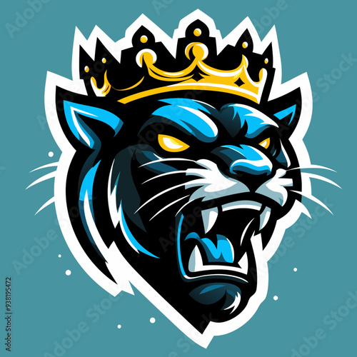 Blue Panther King with Crown Vector Illustration - Fierce Animal Mascot Logo Design , Royal Panther with Crown Graphic - Aggressive Blue Cat Emblem for Sports and Esports