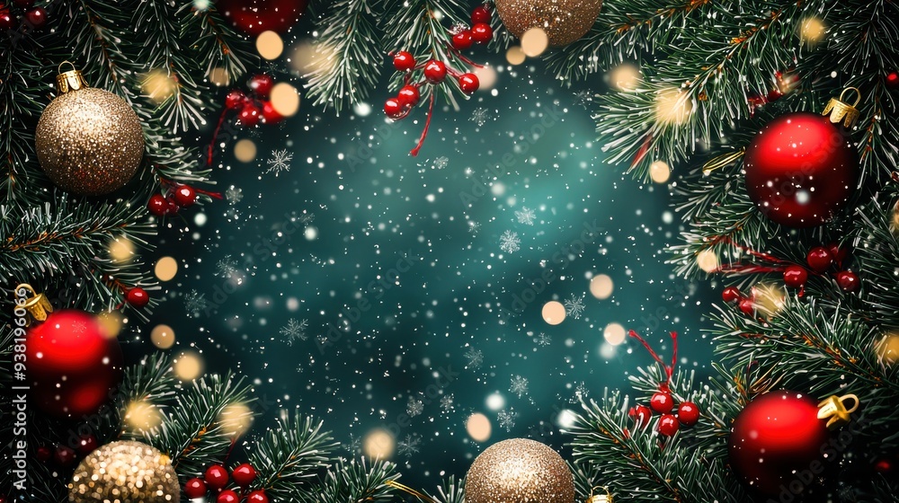 A realistic Christmas greeting card template with a festive background of pine branches, red and gold ornaments, and snow. The central area allows for personalized text in elegant cursive A realistic Christmas greeting card template with a festive background of pine branches, red and gold ornaments, and snow. The central area allows for personalized text in elegant cursive