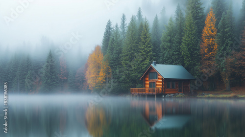 Urokliwa chatka nad jeziorem w otoczeniu mgły i lasu, kt&oacute;rej odbicie na spokojnej tafli wody tworzy harmonijny widok wczesnego poranka.