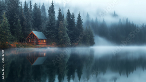 Urokliwa chatka nad jeziorem w otoczeniu mgły i lasu, kt&oacute;rej odbicie na spokojnej tafli wody tworzy harmonijny widok wczesnego poranka.