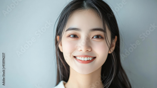 A woman with long black hair and a white shirt is smiling