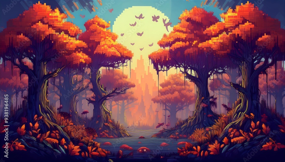 Fototapeta premium Creepy Autumn Woods - An 8-bit pixel art scene of a spooky autumn forest. Graphic art illustration poster