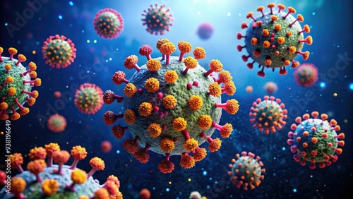 Colorful 3D illustration of COVID-19 molecules, spherical viral particles with spike proteins, floating in a dark blue background, representing the pandemic's microscopic threat.