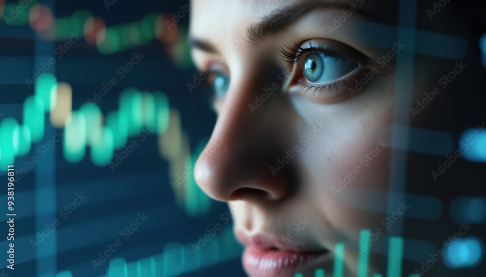 Close-Up of Businesswoman with Financial Data Overlay: A close-up of a businesswoman’s face with an overlay of financial data, representing insights and strategic planning. Close-Up of Businesswoman with Financial Data Overlay: A close-up of a businesswoman’s face with an overlay of financial data, representing insights and strategic planning.