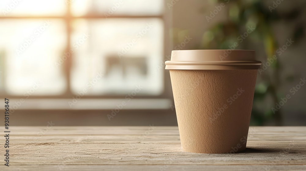 3D-rendered brown paper coffee cup, placed on a simple wooden surface, soft sunlight, minimalistic cafe vibe 3D-rendered brown paper coffee cup, placed on a simple wooden surface, soft sunlight, minimalistic cafe vibe