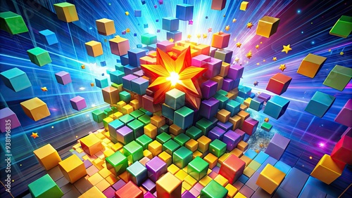 Colorful 3D pixel art explosion with cubes, stars, and abstract shapes, resembling a dynamic in-game power-up or bonus item in a futuristic digital landscape. photo