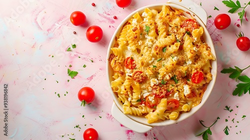 Oven baked feta pasta made of cherry tomatoes feta cheese garlic and herbs fetapasta on pink background trending viral recipe top view photo