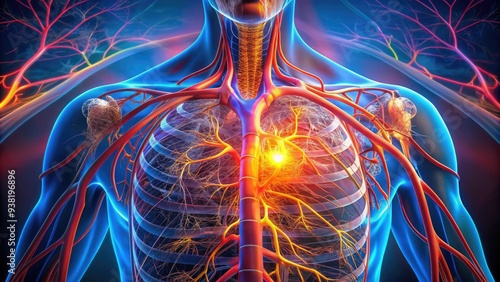 Colorful 3D rendered illustration of human cardiovascular system showcasing intricate vascular network with red and blue vessels and pulsing golden light. photo