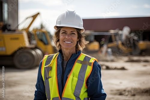 Engineer in yellow high-visibility workwear and hard hat inspecting construction site. White truck in background. Blue sky overhead. photo