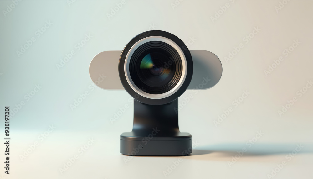 Smart Camera with Wide-Angle Lens: Close-up of a smart camera with a wide-angle lens on a light blue background, representing cutting-edge visual technology and surveillance devices. Smart Camera with Wide-Angle Lens: Close-up of a smart camera with a wide-angle lens on a light blue background, representing cutting-edge visual technology and surveillance devices.