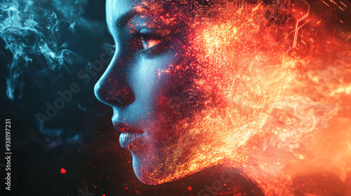 A woman's face is surrounded by fire and smoke, giving the impression of a fiery