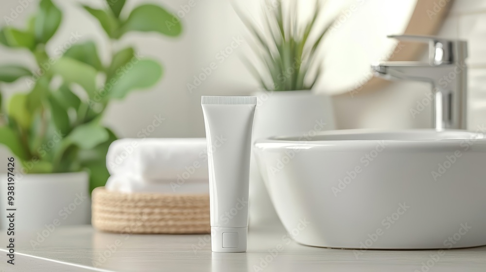 Minimalist bathroom with white toothpaste tube, clean design, bright natural lighting, modern interior, simplicity Minimalist bathroom with white toothpaste tube, clean design, bright natural lighting, modern interior, simplicity
