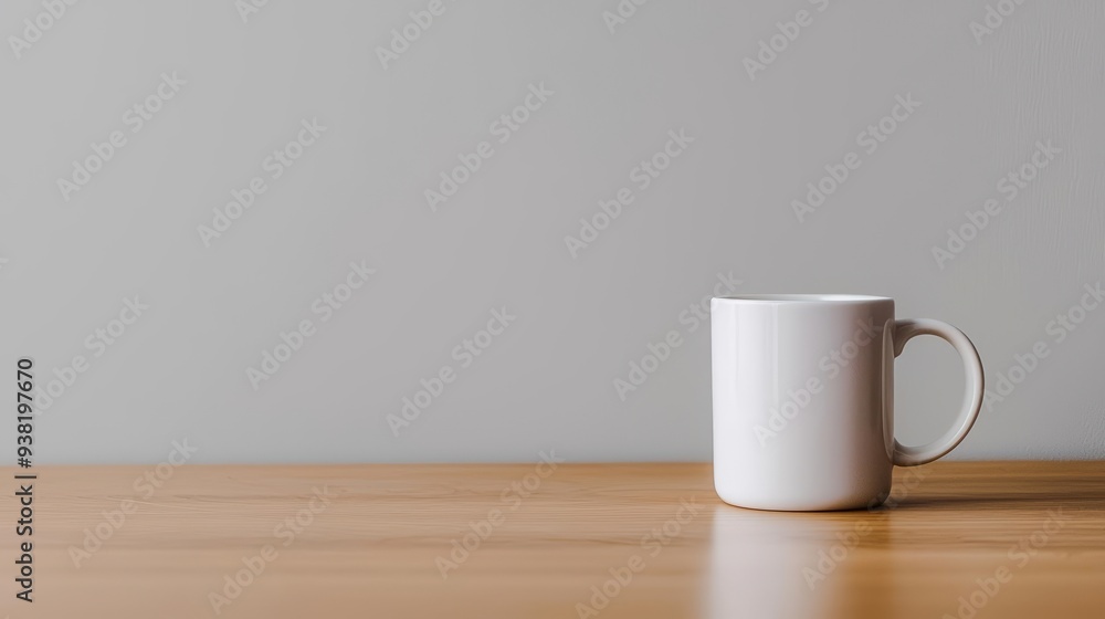 Plain white coffee cup standing on a polished wooden table, neutral background, simple and aesthetic Plain white coffee cup standing on a polished wooden table, neutral background, simple and aesthetic