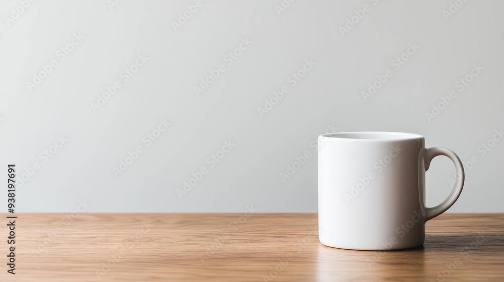 Plain white coffee cup standing on a polished wooden table, neutral background, simple and aesthetic Plain white coffee cup standing on a polished wooden table, neutral background, simple and aesthetic