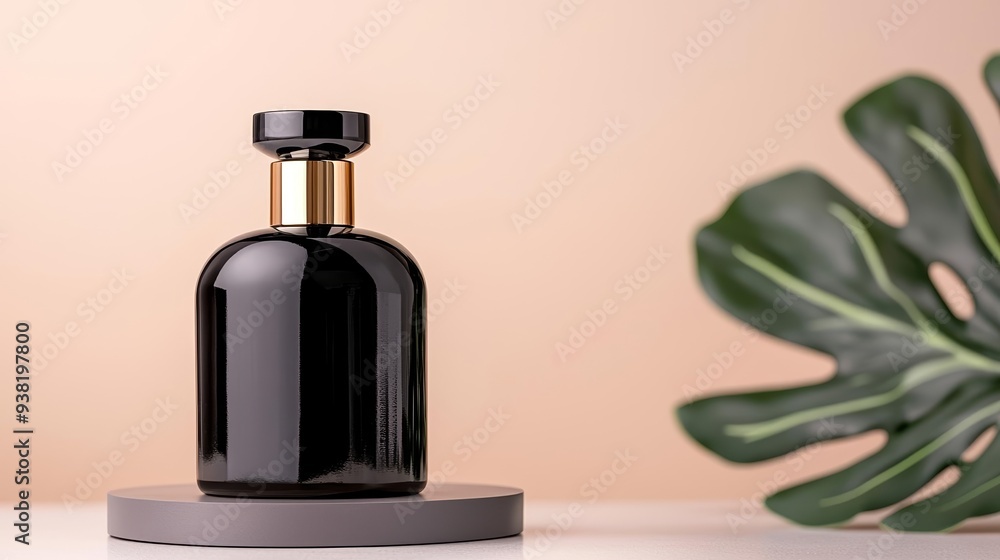 Stylish black perfume bottle placed on a minimalist podium, warm neutral backdrop, luxury branding concept Stylish black perfume bottle placed on a minimalist podium, warm neutral backdrop, luxury branding concept