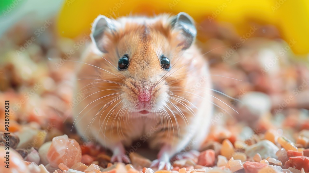 A close-up shot of an adorable hamster surrounded by colorful pebbles, highlighting its cute and curious expression. A close-up shot of an adorable hamster surrounded by colorful pebbles, highlighting its cute and curious expression.