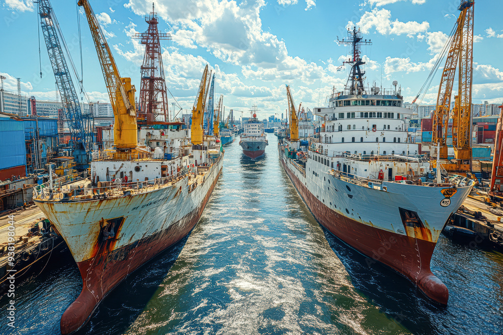 Fototapeta premium Two large ships are docked in a harbor
