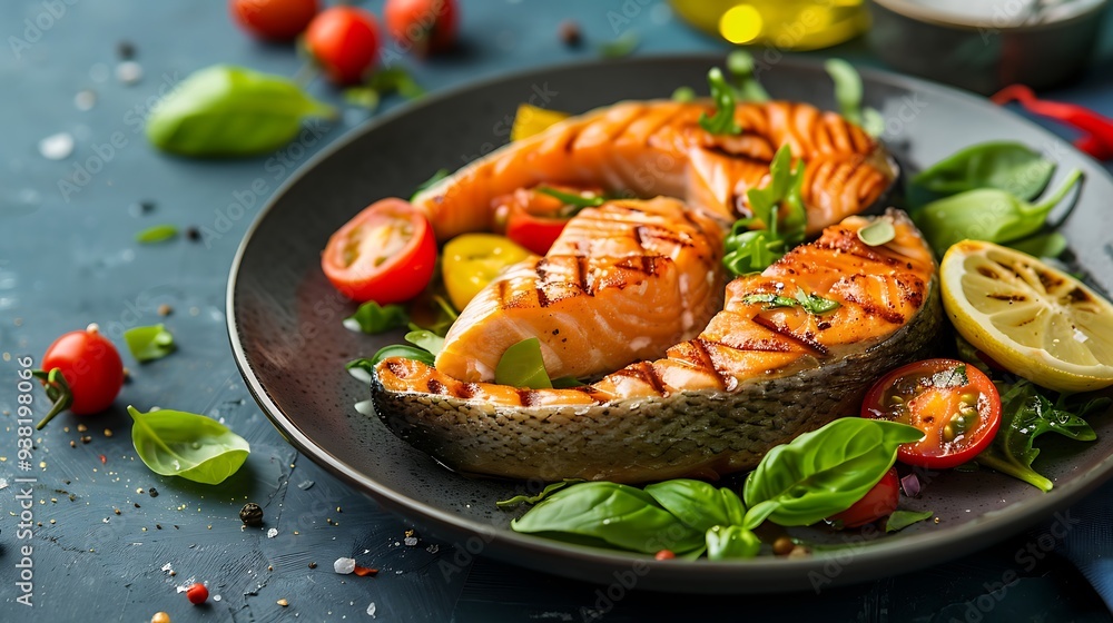 Oven baked pink salmon steaks with vegetable salad on dark plate on