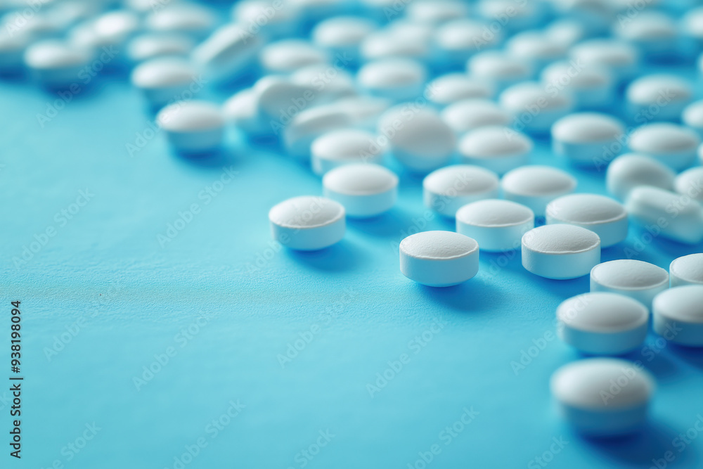 White Pills On A Light Blue Background, Medicine Pills On a Light Blue Table. White Pills On A Light Blue Background, Medicine Pills On a Light Blue Table.