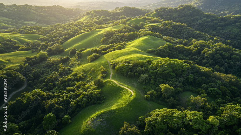 Fototapeta premium Widok z lotu ptaka na malownicze zielone wzgórza z wijącymi się drogami, otoczone bujną, leśną roślinnością, oferującą naturalny spokój i niezwykłe piękno krajobrazu.