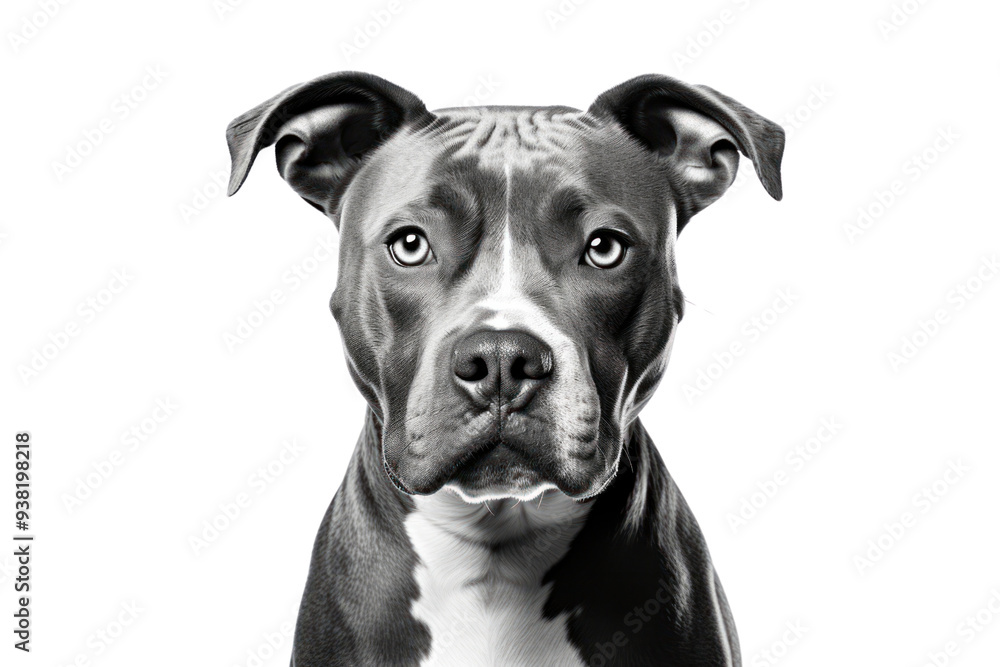 Black and white photo of a pitbull staring isolated on white background. Black and white photo of a pitbull staring isolated on white background.