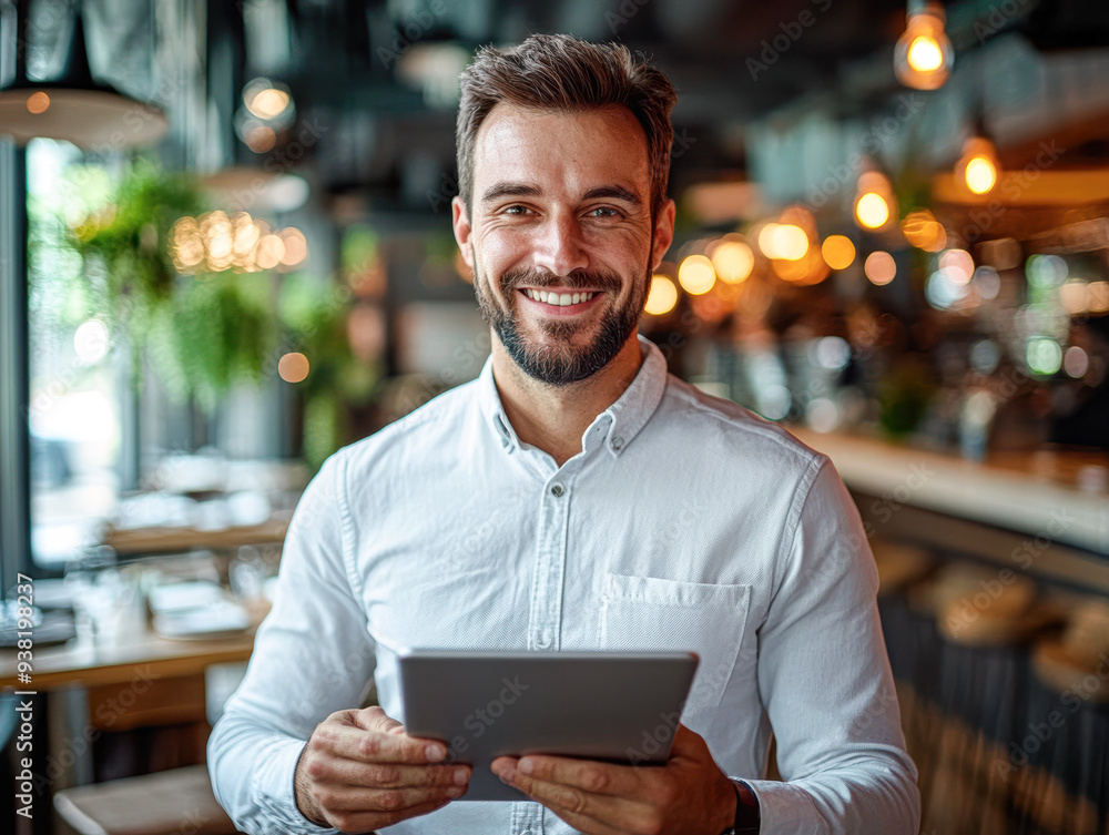 A man is smiling and holding a tablet in a restaurant A man is smiling and holding a tablet in a restaurant
