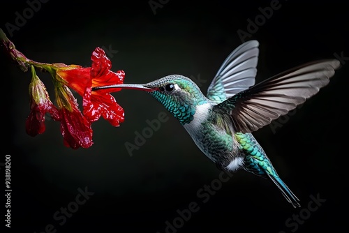 Bee Hummingbird Sucking Nectar from Flower, on Black Background, Realistic Photo, Standard Background, Wallpaper, Cover and Screen of Smartphone, Cell Phone, Computer, Laptop, 9:16 and 16:9 Format photo