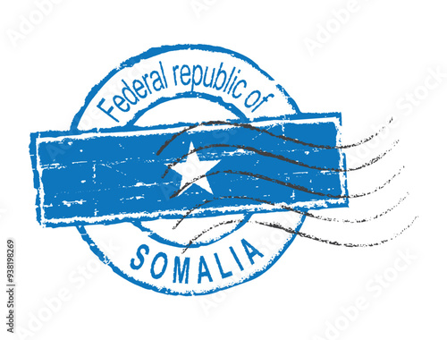 Blue postal passport grunge stamp 'Somalia'. The national flag is in the middle.