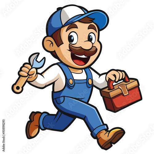 Cheerful Cartoon Plumber with Wrench and Toolbox in Vibrant, Detailed Design