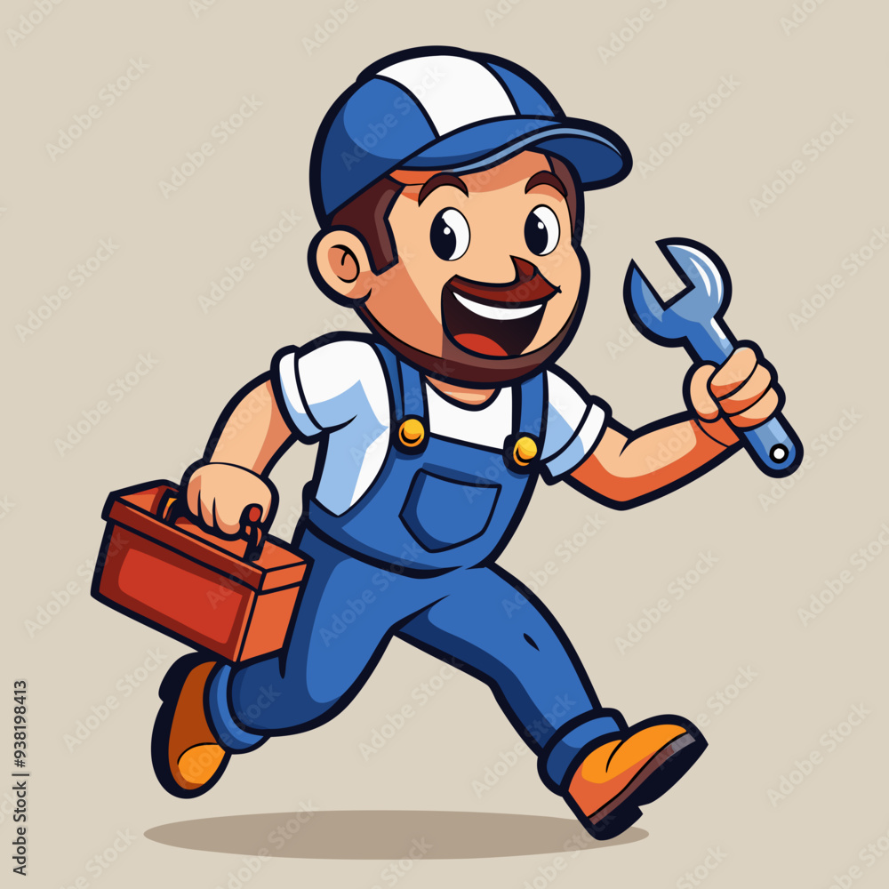 Fototapeta premium Cheerful Cartoon Plumber with Wrench and Toolbox in Vibrant, Detailed Design