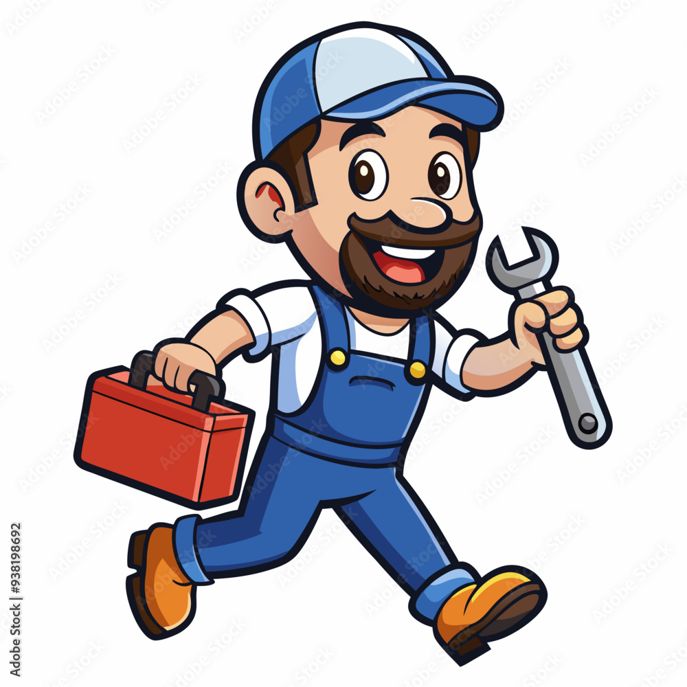 Cheerful Cartoon Plumber with Wrench and Toolbox in Vibrant, Detailed Design Cheerful Cartoon Plumber with Wrench and Toolbox in Vibrant, Detailed Design