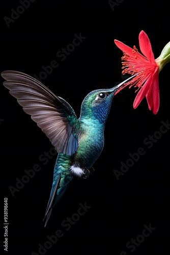 Bee Hummingbird Sucking Nectar from Flower, on Black Background, Realistic Photo, Standard Background, Wallpaper, Cover and Screen of Smartphone, Cell Phone, Computer, Laptop, 9:16 and 16:9 Format photo