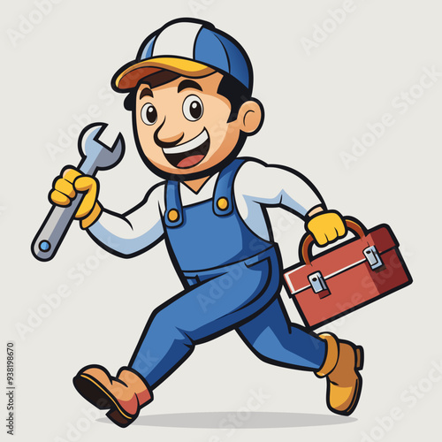 Cheerful Cartoon Plumber with Wrench and Toolbox in Vibrant, Detailed Design