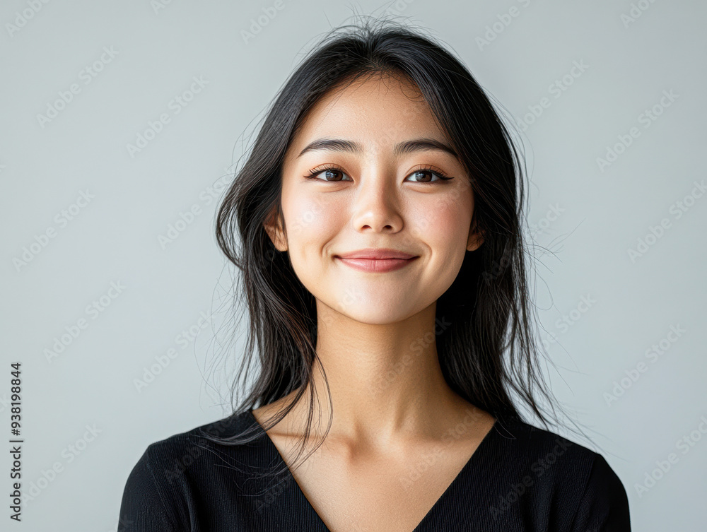 A woman with long black hair and a black shirt is smiling A woman with long black hair and a black shirt is smiling