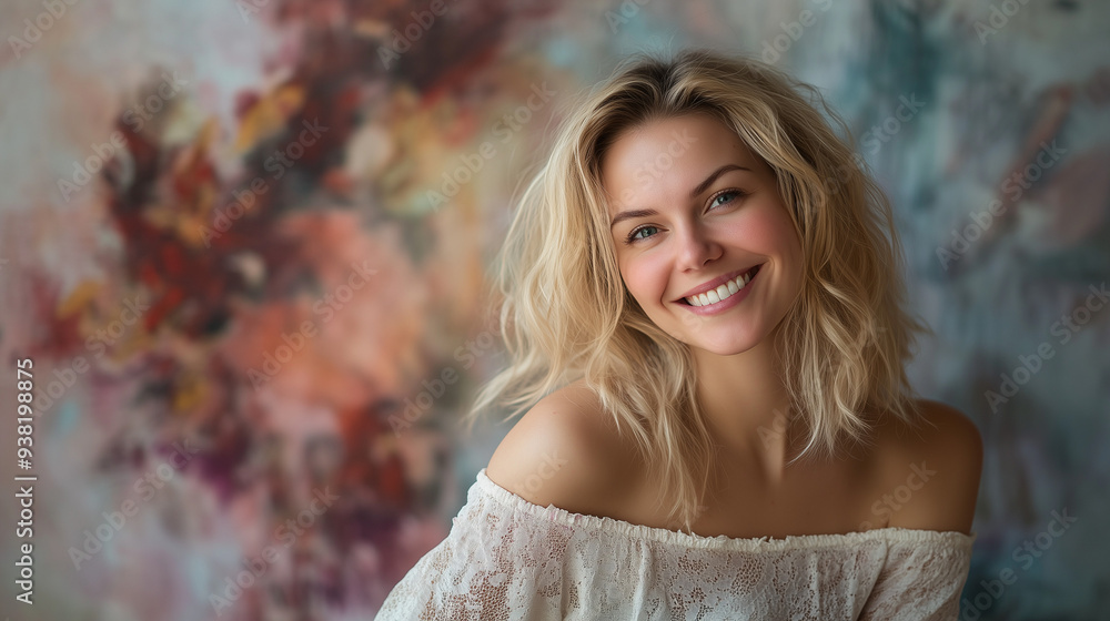 Naklejka premium Radosna kobieta z blond włosami w eleganckim topie bez ramiączek, pozująca na tle z ciepłymi barwami i mieszanką abstrakcyjnych oraz florystycznych wzorów.