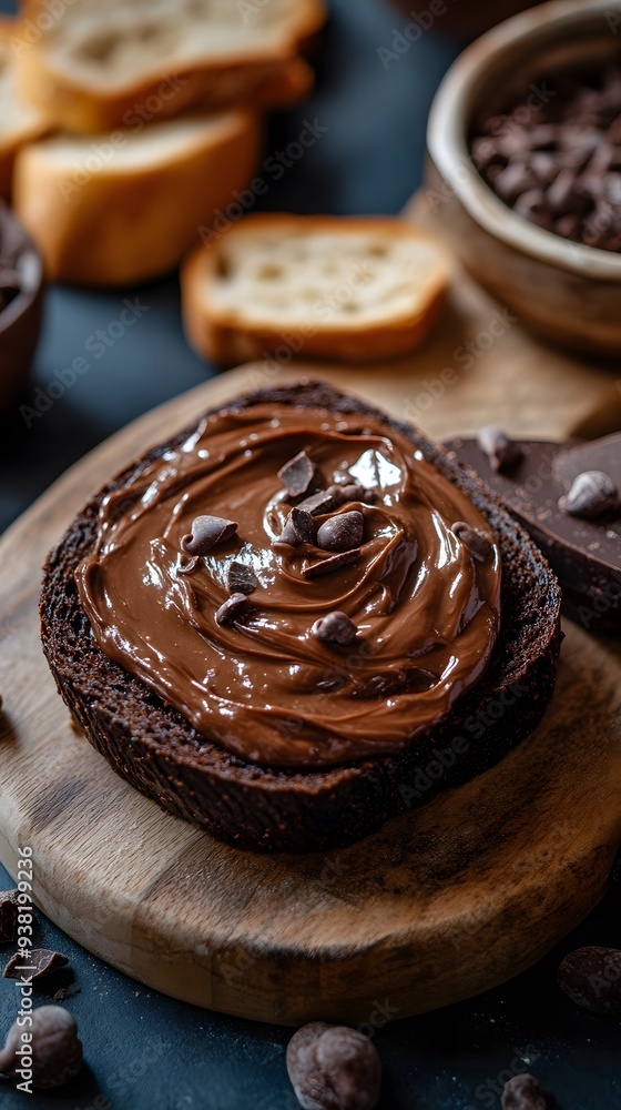 A high-resolution photo of chocolate cream spread on a slice of bread, set against a kitchen background. A high-resolution photo of chocolate cream spread on a slice of bread, set against a kitchen background.