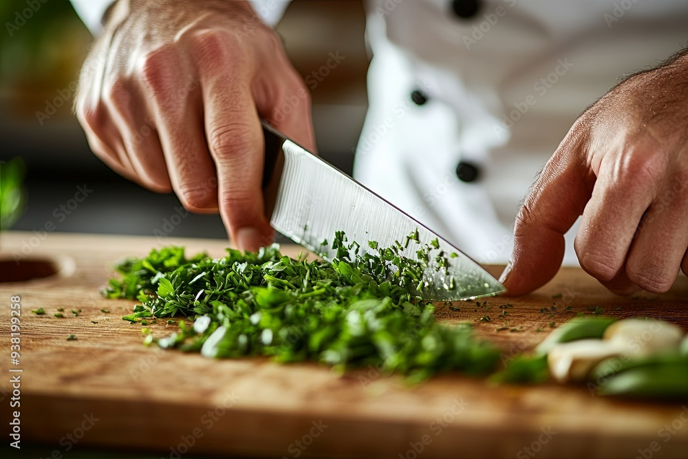 Close-up detailed image of a chef’s hands skillfully chopping herbs on a wooden cutting board, with the knife and ingredients in sharp focus, the background softly blurred to emphasize the culinary Close-up detailed image of a chef’s hands skillfully chopping herbs on a wooden cutting board, with the knife and ingredients in sharp focus, the background softly blurred to emphasize the culinary