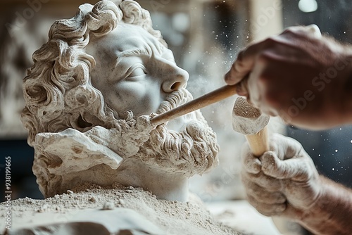 Close-up detailed image of a sculptor chiseling details into a marble statue, fine dust particles in the air, with the chisel and hammer captured in mid-action, highlighting the intricate work in a