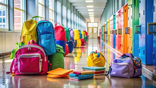 Colorful backpacks, lunchboxes, and school supplies clutter a brightly lit hallway, signaling the excitement and chaos of a fresh new school year beginning. photo