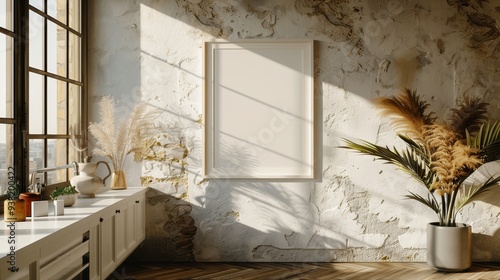 A blank canvas in a rustic room with natural light streaming through a large window. photo