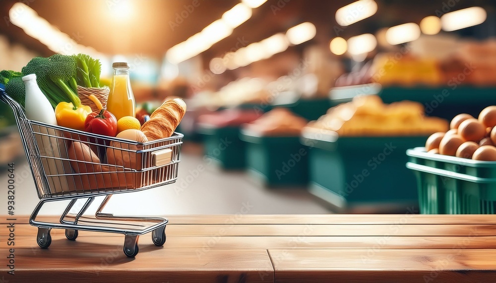 Food and groceries in shopping cart on wooden table with blurred market in the background,banner with copy space. Food and groceries in shopping cart on wooden table with blurred market in the background,banner with copy space.