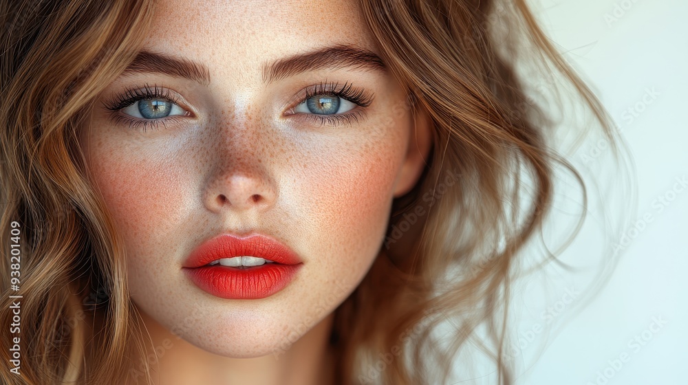 Close-Up Portrait of Beautiful Young Woman with Red Lips and Wavy Hair - Fashion Model Posing on White Background
Close-Up Portrait of Beautiful Young Woman with Red Lips and Wavy Hair - Fashion Model Posing on White Background