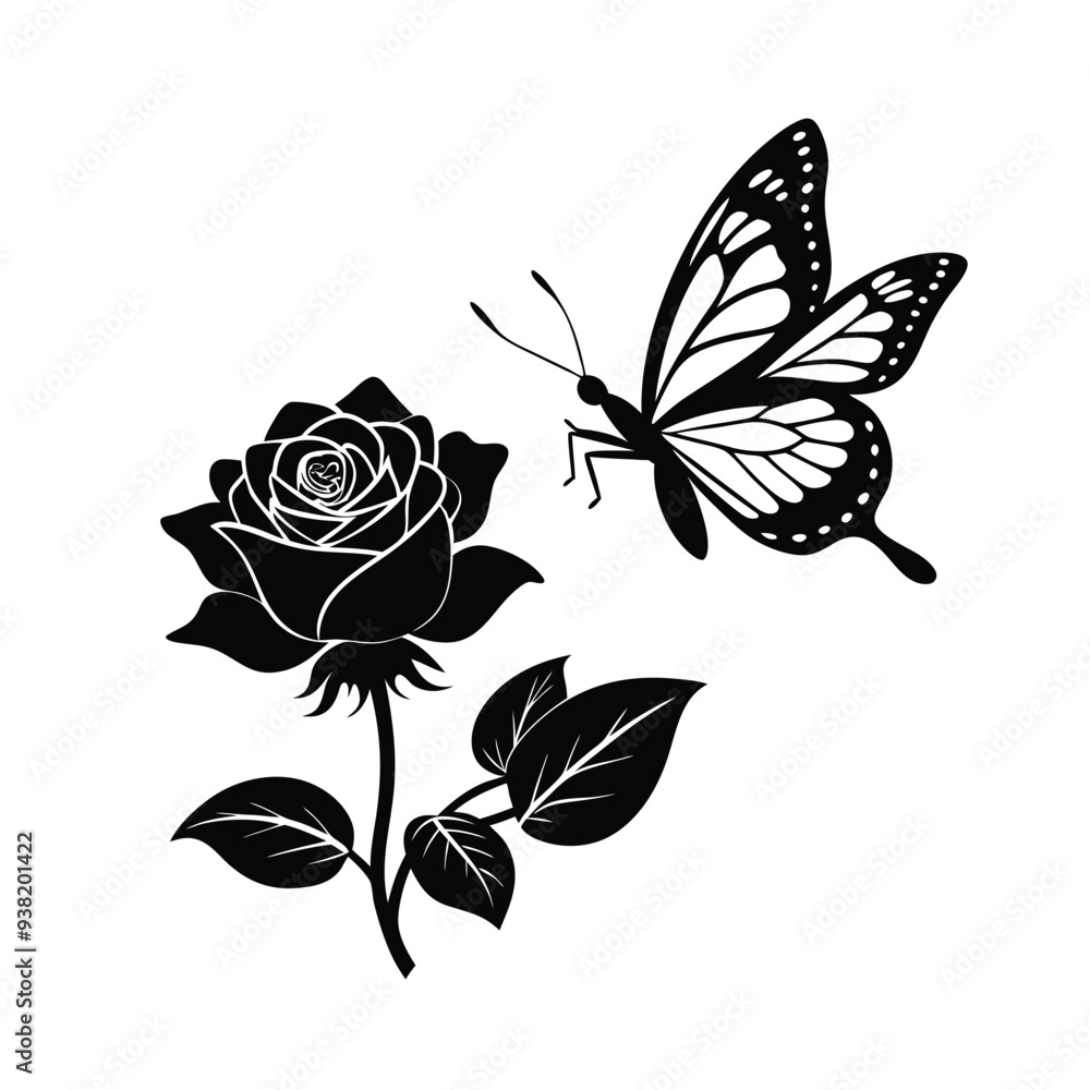 Obraz premium A butterfly flies on a rose flower silhouette vector illustration 