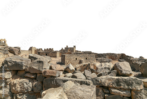 Ruins of Azraq Castle (Qasr al-Azraq) is a crusader castle (300AD),  central-eastern Jordan, 100 km east of Amman, Jordan. On white background photo