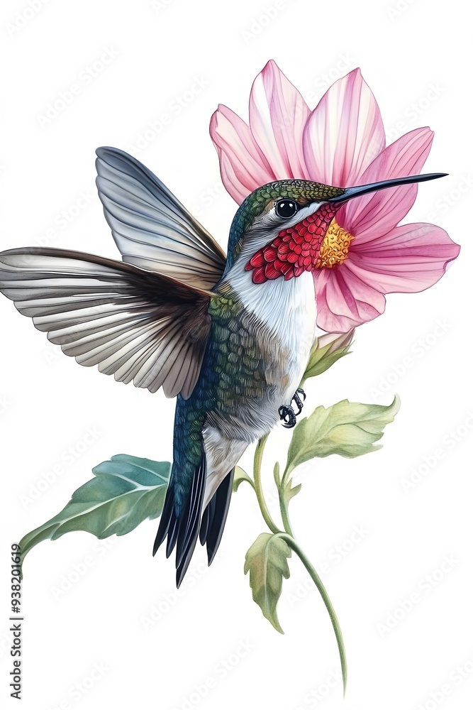 Obraz premium Bee Hummingbird Sucking Nectar from Flower, on White Background, Realistic Photo, Standard Background, Wallpaper, Cover and Screen of Smartphone, Cell Phone, Computer, Laptop, 9:16 and 16:9 Format